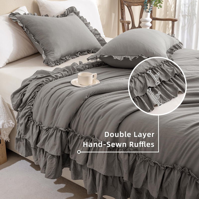 QSH Shabby Grey Ruffled Chic Comforter Queen Size, Farmhouse Boho Bedding Comforter Sets, 3 Pieces All Season Microfiber Inner Fill Bedding, Ultra Soft Lightweight Comforter Queen for Bed - Image 3
